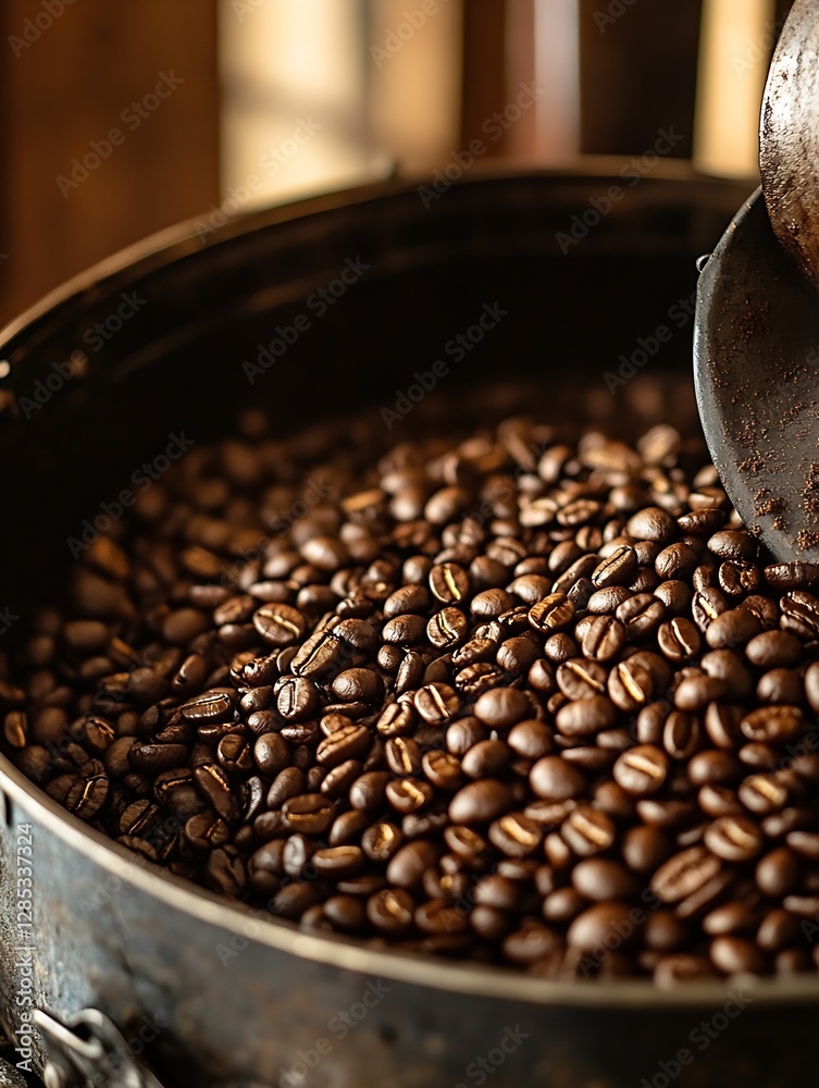 Poster freshly roasted coffee beans in metal storage container ready for brewing : generative ai