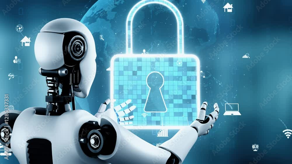 Poster ai robot huminoid uses cloud computing technology to store data on online server . futuristic concep
