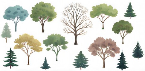Fototapeta premium trees collection flat illustration side view clean white background