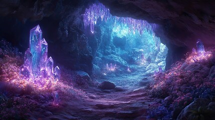 A mystical cave filled with glowing crystals and vibrant plants creates a serene and enchanting atmosphere