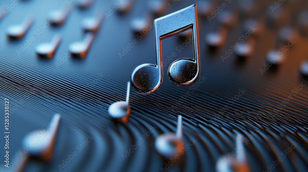 Wall mural close-up of metallic musical notes on a textured surface with soft lighting, creating a serene ambia