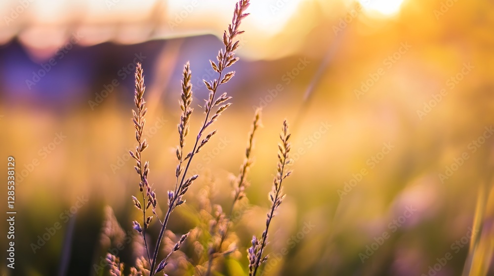 Poster delicate grass blades captured in golden hour light creating a dreamy nature scene : generative ai