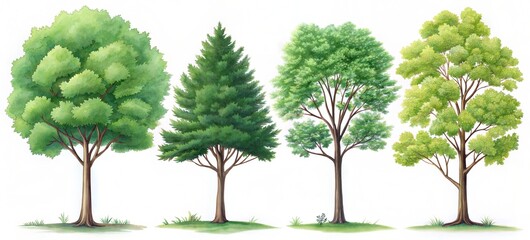 trees collection flat illustration side view clean white background