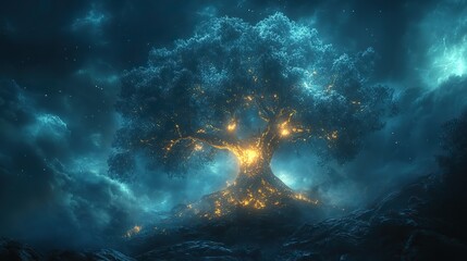A mystical glowing tree stands out in a dark and stormy night forest.