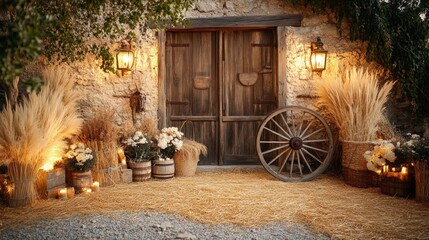 Rustic stone building entrance with wooden doors, wagon wheel, lanterns, and dried flowers.