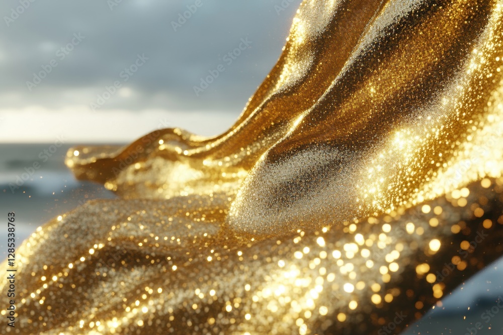 Aufkleber Gold sequin fabric dances in the wind near the ocean during a cloudy day at sunset, Gold sequin fabric fluttering in the wind CGI