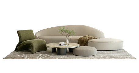 Modern white sofa and green armchair with table and rug isolated PNG.3d rendering