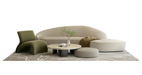 Modern white sofa and green armchair with table and rug isolated PNG.3d rendering