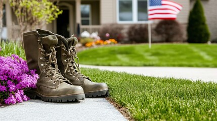 Boots resting on suburban walkway, flag backdrop