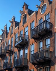 Fototapeta premium Row of historic brick buildings with balconies, clear blue sky.