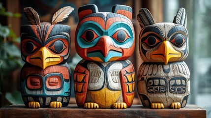 A Native American totem pole featuring animal spirits showcasing vibrant colors and intricate designs tells a story of the tribe's history and beliefs