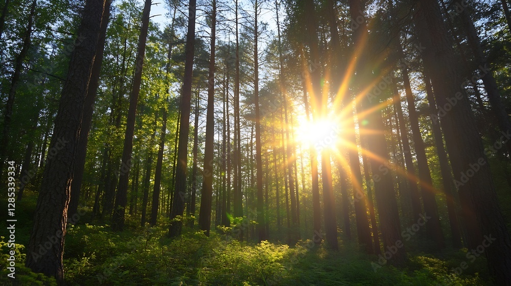 Poster Sunlight streaming through tall trees in a lush green forest creating a magical atmosphere : Generative AI