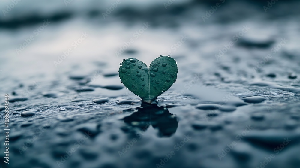 Poster heart shaped green leaf with drops of water on a reflective surface showing freshness : generative a
