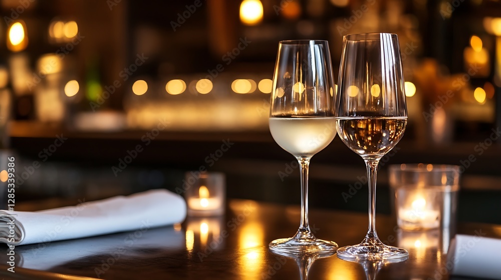 Aufkleber Two Glasses of Wine Elegantly Displayed with Soft Ambient Lighting in the Background : Generative AI