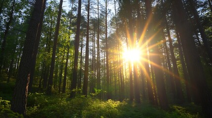 Sunlight streaming through tall trees in a lush green forest creating a magical atmosphere : Generative AI