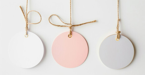 Three minimalistic tags in different shapes, hanging on strings, isolated on a plain background.
