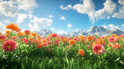 Vibrant Wildflower Meadow Under a Bright Blue Sky With Clouds in Springtime Showcasing a Variety of Colorful Blooms and Lush Greenery