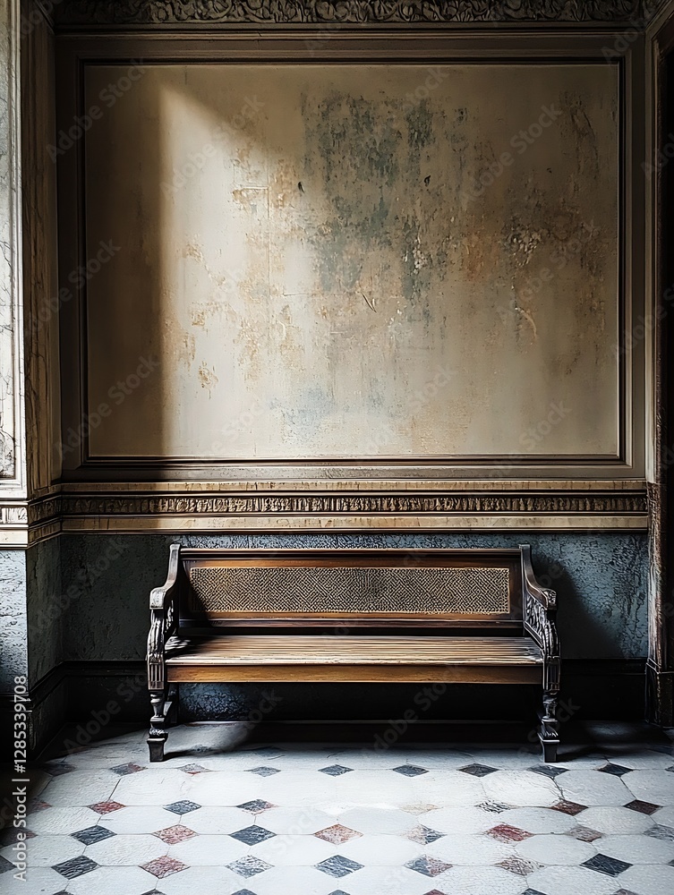 Aufkleber elegant vintage bench in a beautifully lit room with textured walls and soft shadows : generative ai