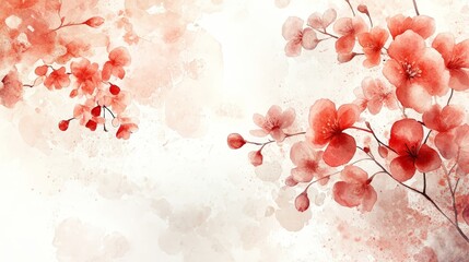 A soft watercolor illustration of blooming flowers in shades of red and pink.