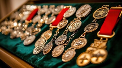 Gold medals displayed in velvet case, museum exhibit