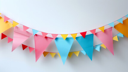 Colorful paper bunting on a white background.