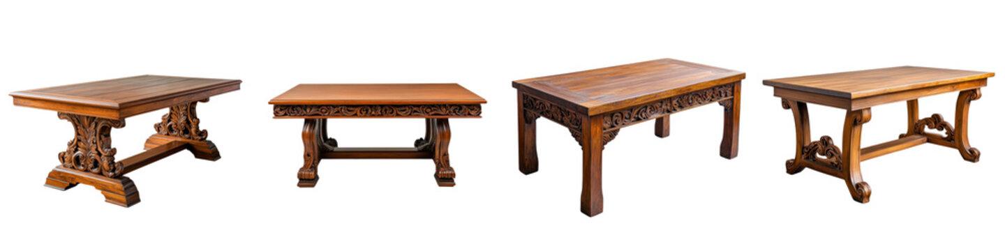 A collection of elegant and ornate vintage and antique wooden furniture pieces including tables chairs and other decorative items