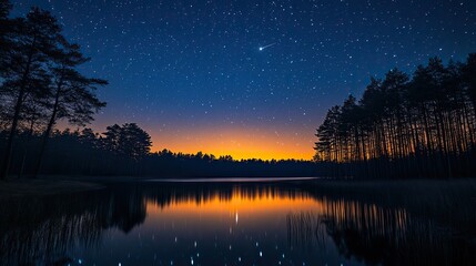 Naklejka premium A night sky over a lake with a shooting star and forest silhouette captures a fleeting moment of cosmic wonder