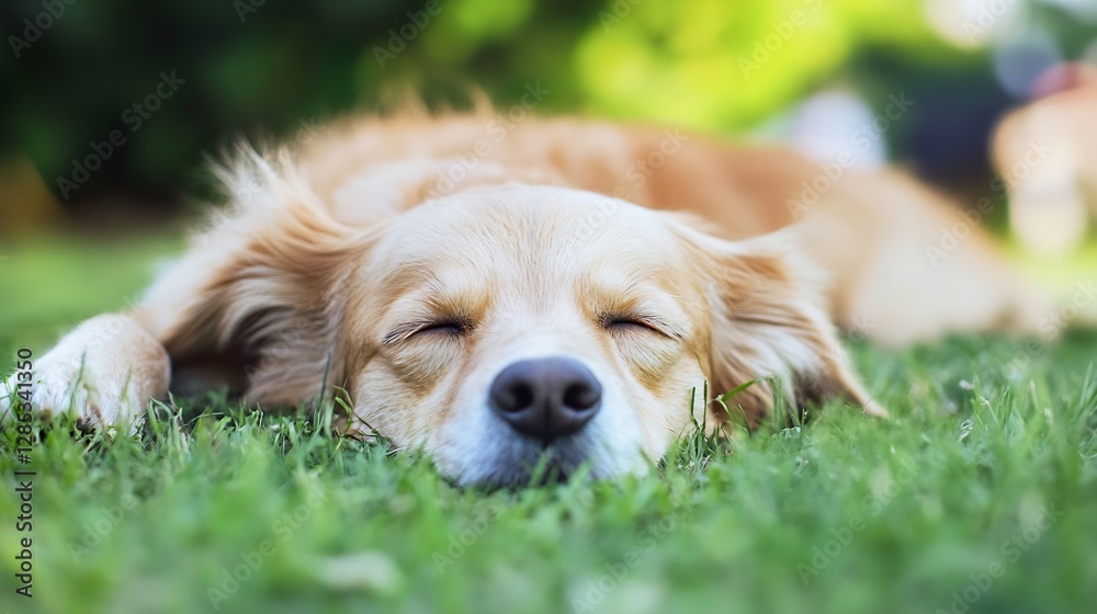 Aufkleber sleeping golden retriever dog relaxing on lush green grass in a sunny setting : generative ai