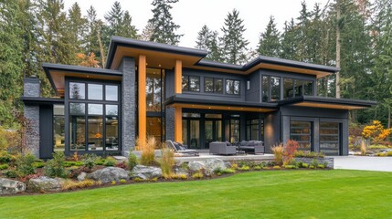 Modern luxury home with large windows, stone accents, and expansive lawn.