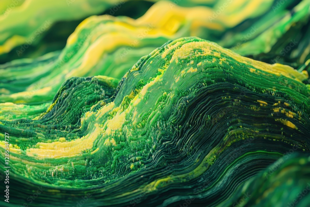Poster Waving layers create a dynamic visual effect over a lush green background in an abstract design, waving layers moving over vibrant green background