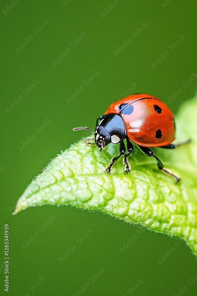 Poster close up of a vibrant ladybug on a green leaf with a blurred background for nature photography : gen