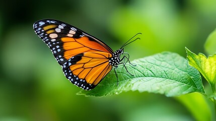 Fototapeta premium Vibrant monarch butterfly perched delicately on a green leaf showcasing its stunning orange and black wings : Generative AI