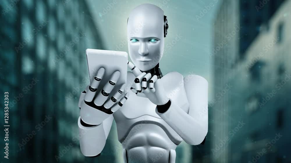 Poster internet connection controlled by ai robot huminoid and machine learning process to analyze data con