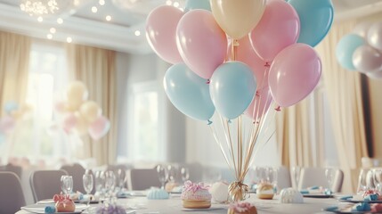 Festive pastel balloon centerpiece at elegant birthday party in cozy venue