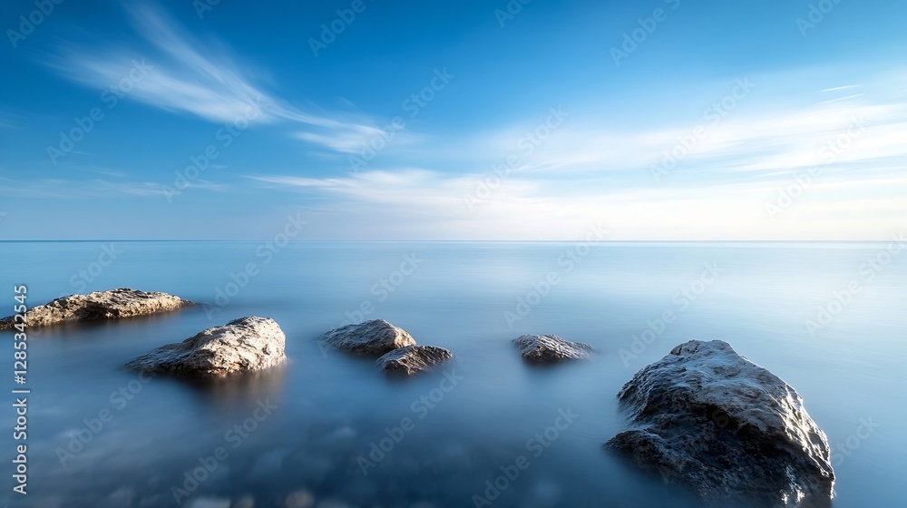 Aufkleber serene coastal scene with smooth rocks under a tranquil blue sky and calm water surface : generative