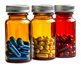 Medicine bottles with pills isolated on transparent background.