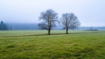 Obraz premium Peaceful Landscape with Two Isolated Trees in a Misty Field on a Calm Day : Generative AI