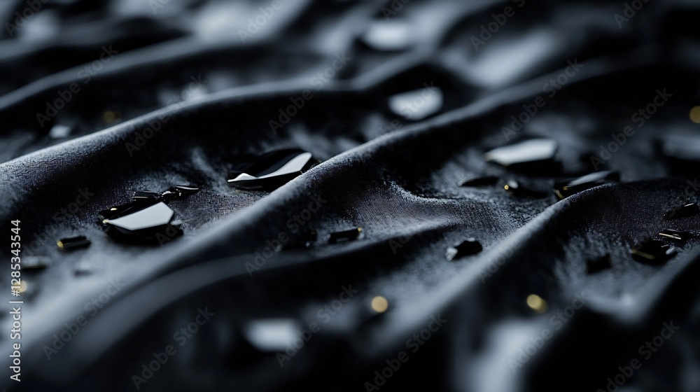 Aufkleber close up of glossy black fabric with droplets of water and reflections creating a dramatic texture :