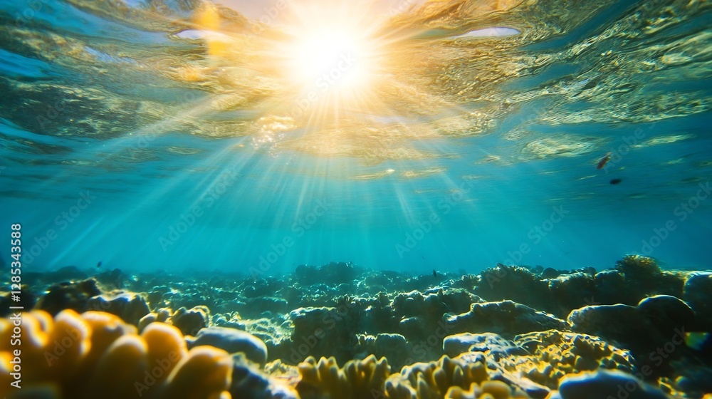Poster sun rays illuminating vibrant underwater scene with colorful corals and marine life : generative ai