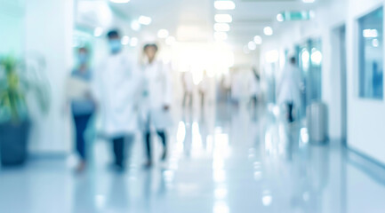 A blurred background of a hospital corridor with people walking and medical staff in white coats, with a depth of field effect.