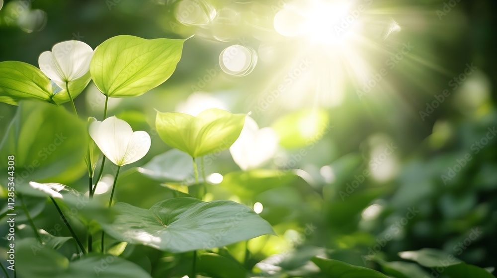 Poster sunlight filtering through lush green leaves in forest : generative ai