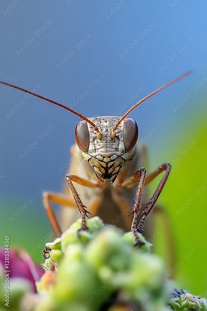 Aufkleber close up detailed macro photography of a grasshopper in nature on a green leaf : generative ai