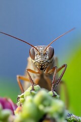 Fototapeta premium Close Up Detailed Macro Photography of a Grasshopper in Nature on a Green Leaf : Generative AI