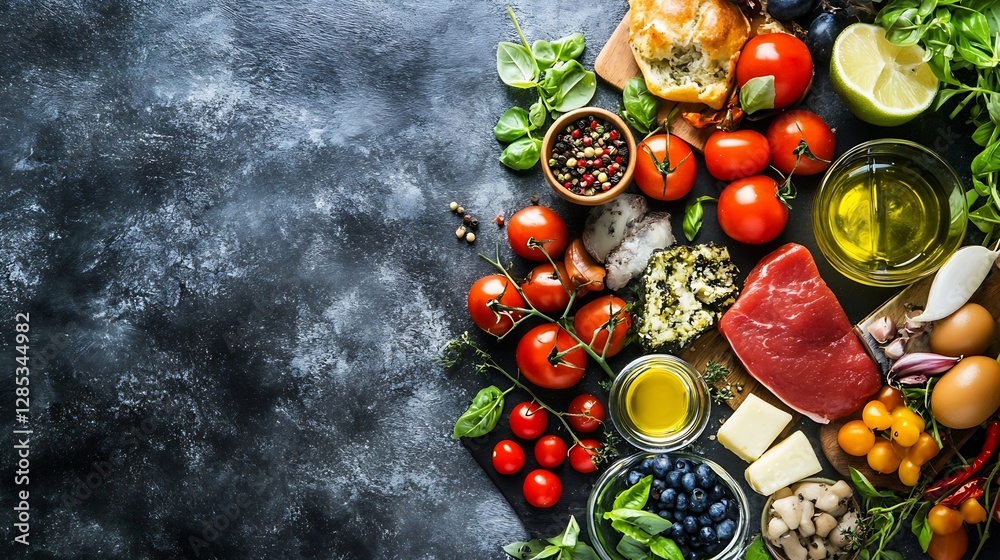 Aufkleber fresh ingredients spread on dark surface for healthy cooking and culinary inspiration with colorful 
