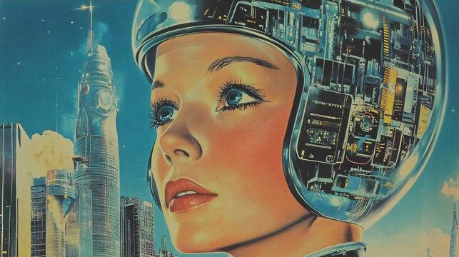 Retro sci fi poster 1950s futuristic woman space helmet artificial intelligence robot vintage aesthetic classic science fiction cinematic illustration bold colors,dreamy,alien,ai,time,travel,card