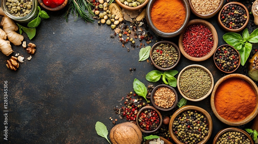 Poster colorful assortment of spices in bowls spread across a dark rustic background : generative ai