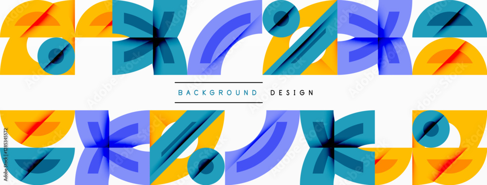 Poster Abstract geometric background with shapes, featuring circular and rounded elements. Bold contrast, smooth gradients, dynamic composition, futuristic style