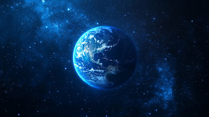 Naklejka premium mesmerizing blue glow encircles planet Earth during an eclipse, set against the vast, starry dark space. The planet orbits a celestial body, creating a stunning cosmos display with bright, modern ligh