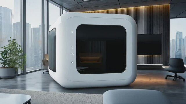 Modern Office Pod: A sleek, contemporary office pod sits in a spacious, well-lit office space, offering a private sanctuary amidst a vibrant urban panorama, perfect for focused work.