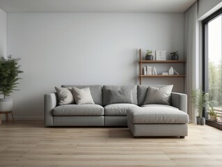 Bright living room showcases a comfortable gray sofa with ottoman